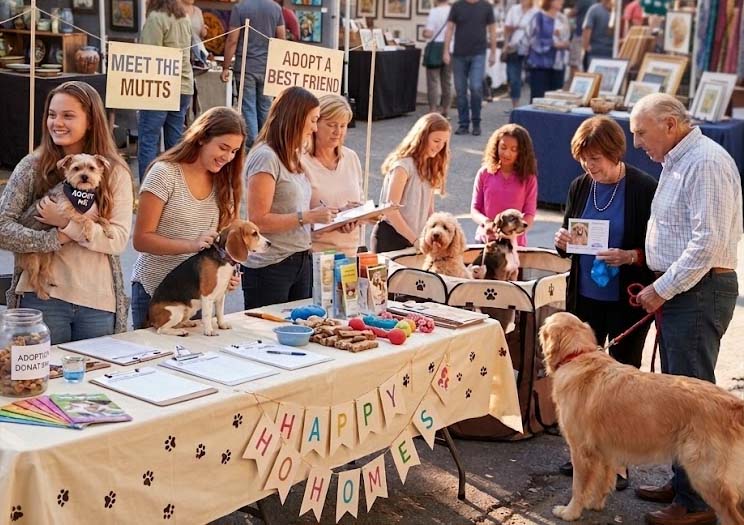 Volunteers and dogs at a local pet adoption event